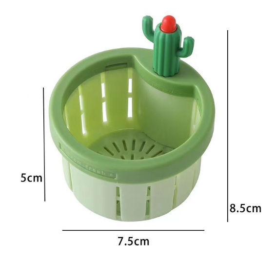 Light green plastic sink strainer basket with a decorative green cactus-shaped handle topped with a small red flower.
