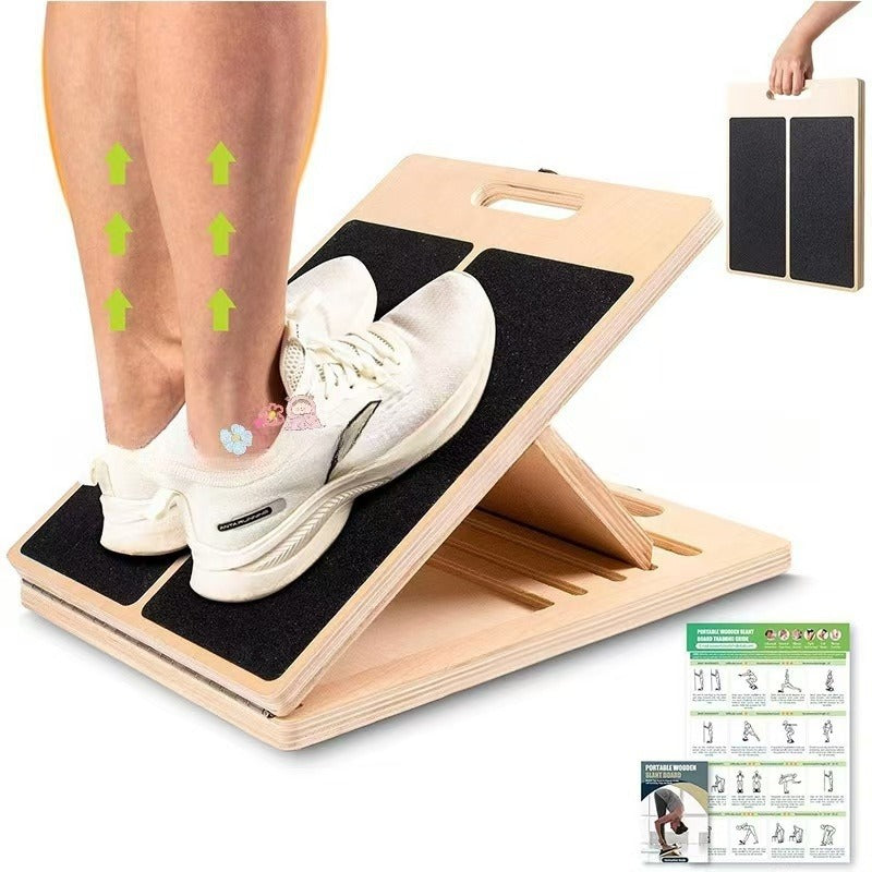 Portable wooden calf stretcher slant board with adjustable incline, black non-slip grip pads, and an exercise chart.