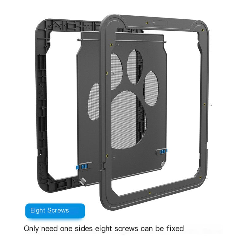 Gray scratchproof pet door with a paw-print mesh screen design, showing a multi-part assembly with screw points.