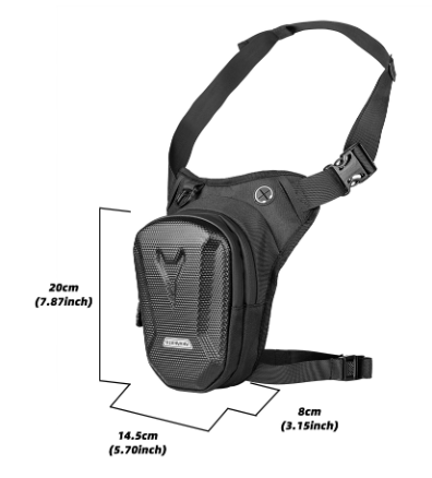 Black waterproof tactical rider leg bag with a molded carbon-fiber-style hard shell and adjustable buckle straps.