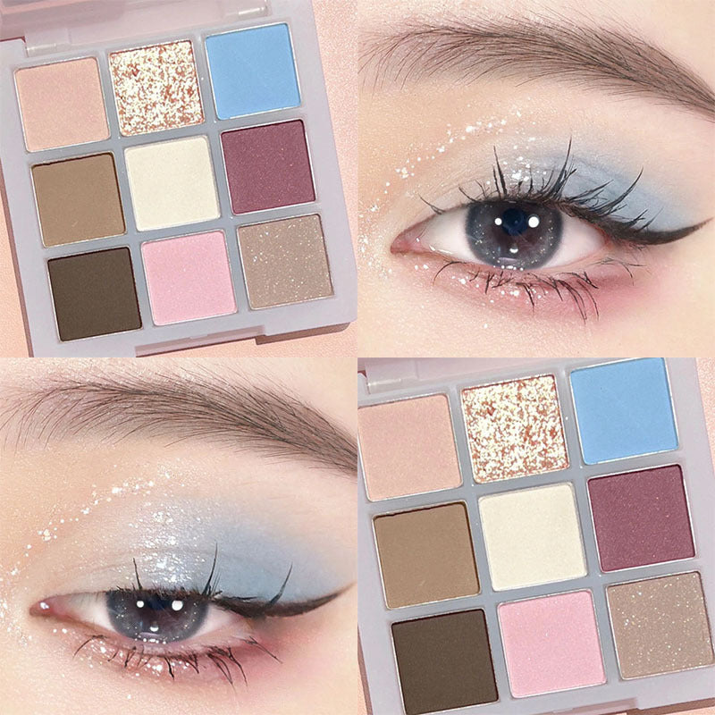 DIKALU 9-color eyeshadow palette featuring matte and shimmer shades in blue, pink, brown, and cream, shown on an eye.