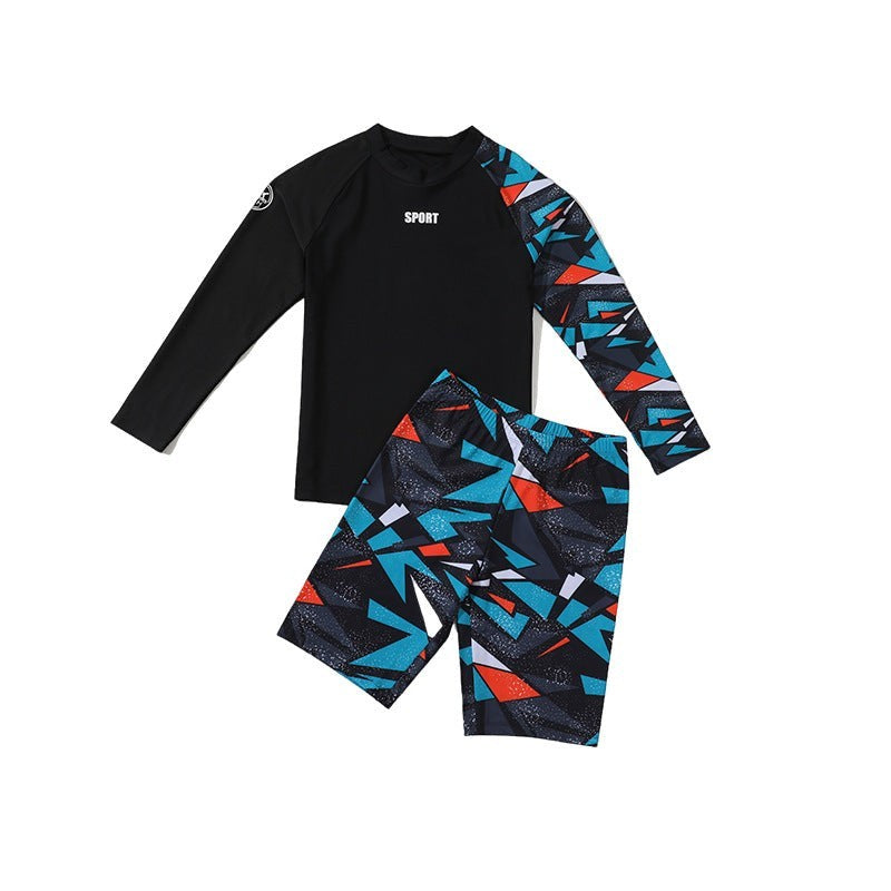 Creative Vault Marketplace boys two-piece swim set with black long-sleeve top and geometric print swim trunks