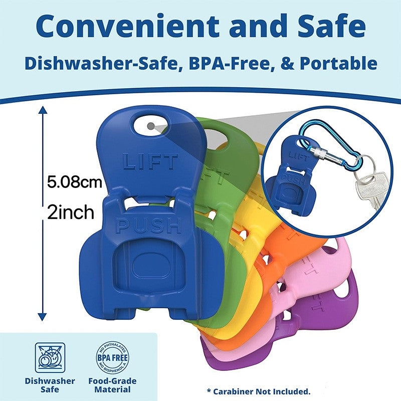 Creative Vault Marketplace colorful plastic soda can openers featuring a lift and push design for easy opening.