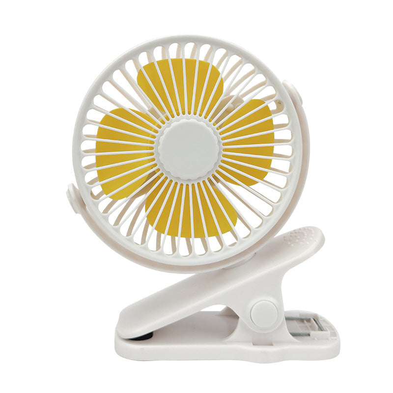 Portable white clip-on fan with bright yellow four-blade propeller, featuring an adjustable head against white background.