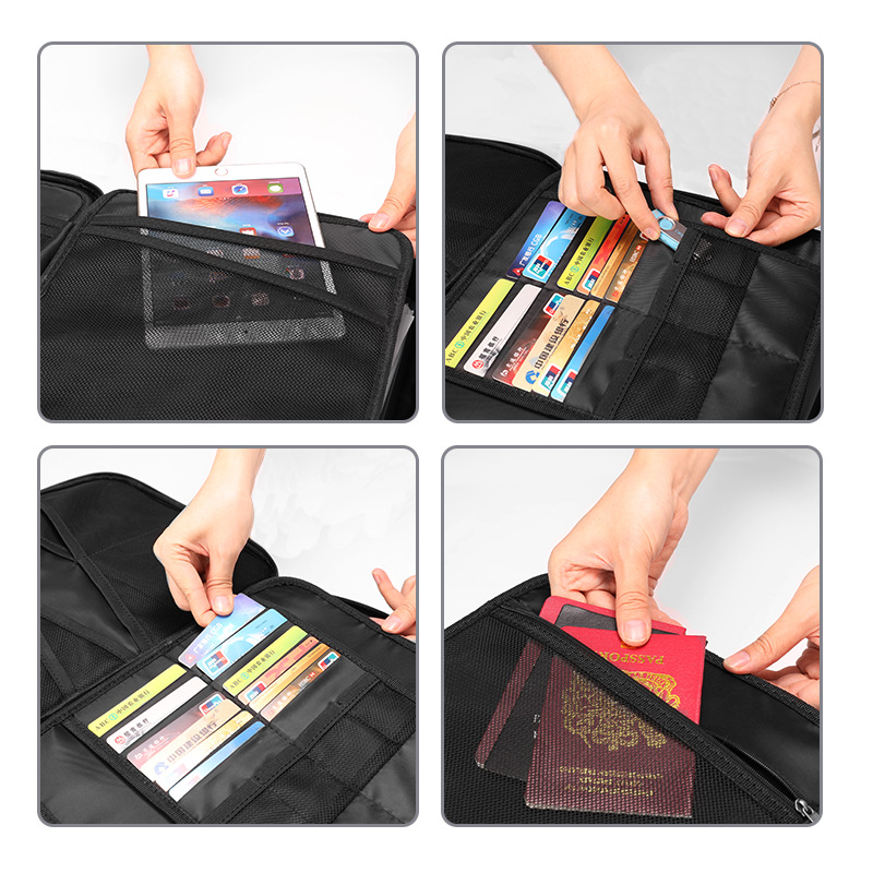 Black FlameGuard document case featuring mesh pockets and slots organizing a tablet, credit cards, and passports.