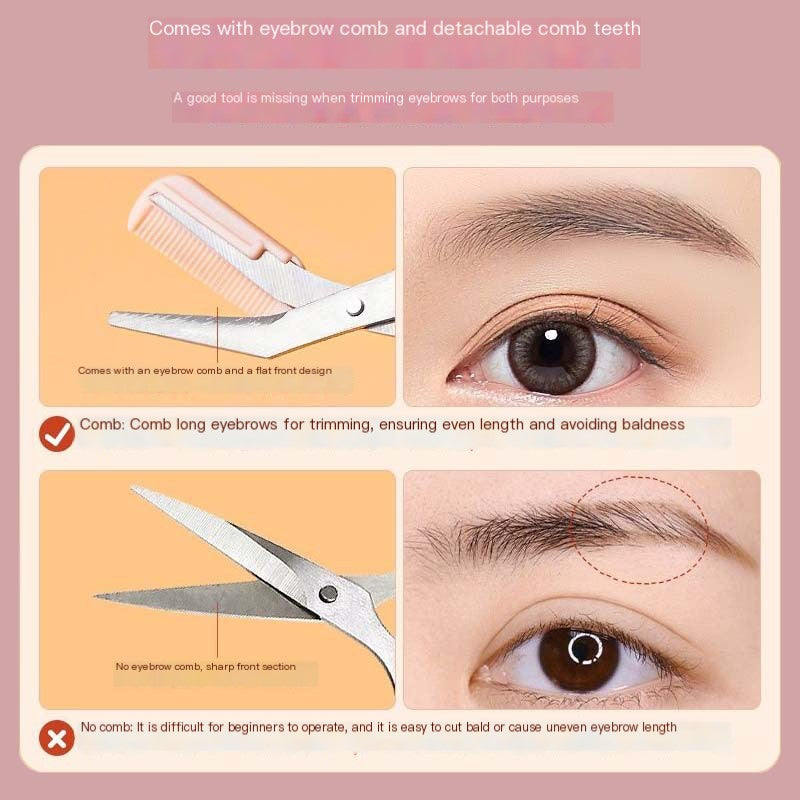 Beginner eyebrow trimming scissors with a detachable comb attachment shown in use versus scissors without a comb.