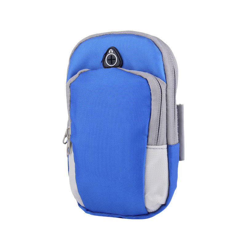 Blue and grey zippered outdoor sports arm pouch with an integrated headphone cord port.