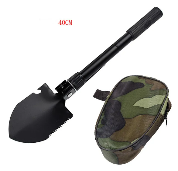 40cm black stainless steel folding shovel with a serrated edge, accompanied by a camo storage pouch.