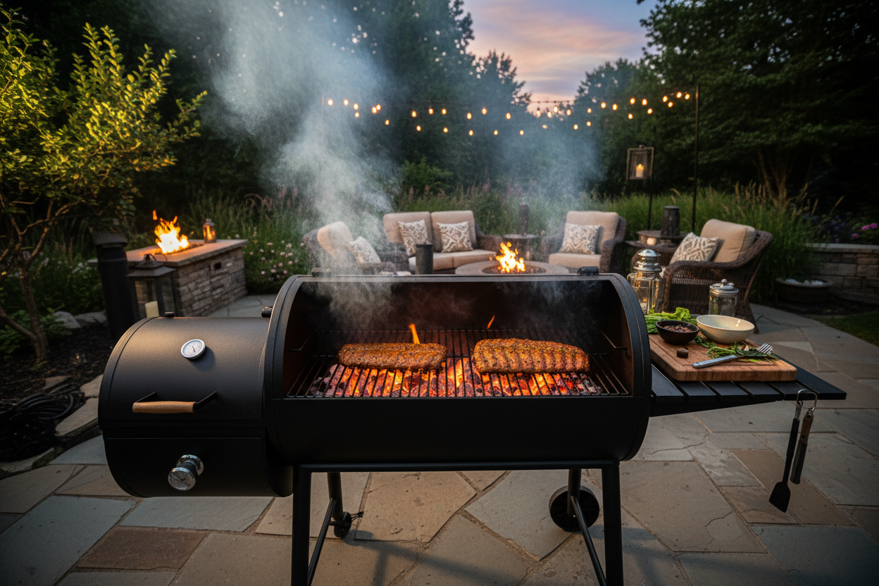 Barrel charcoal BBQ grill and smoker combo with side tables, fired up at dusk with ribs on the grates