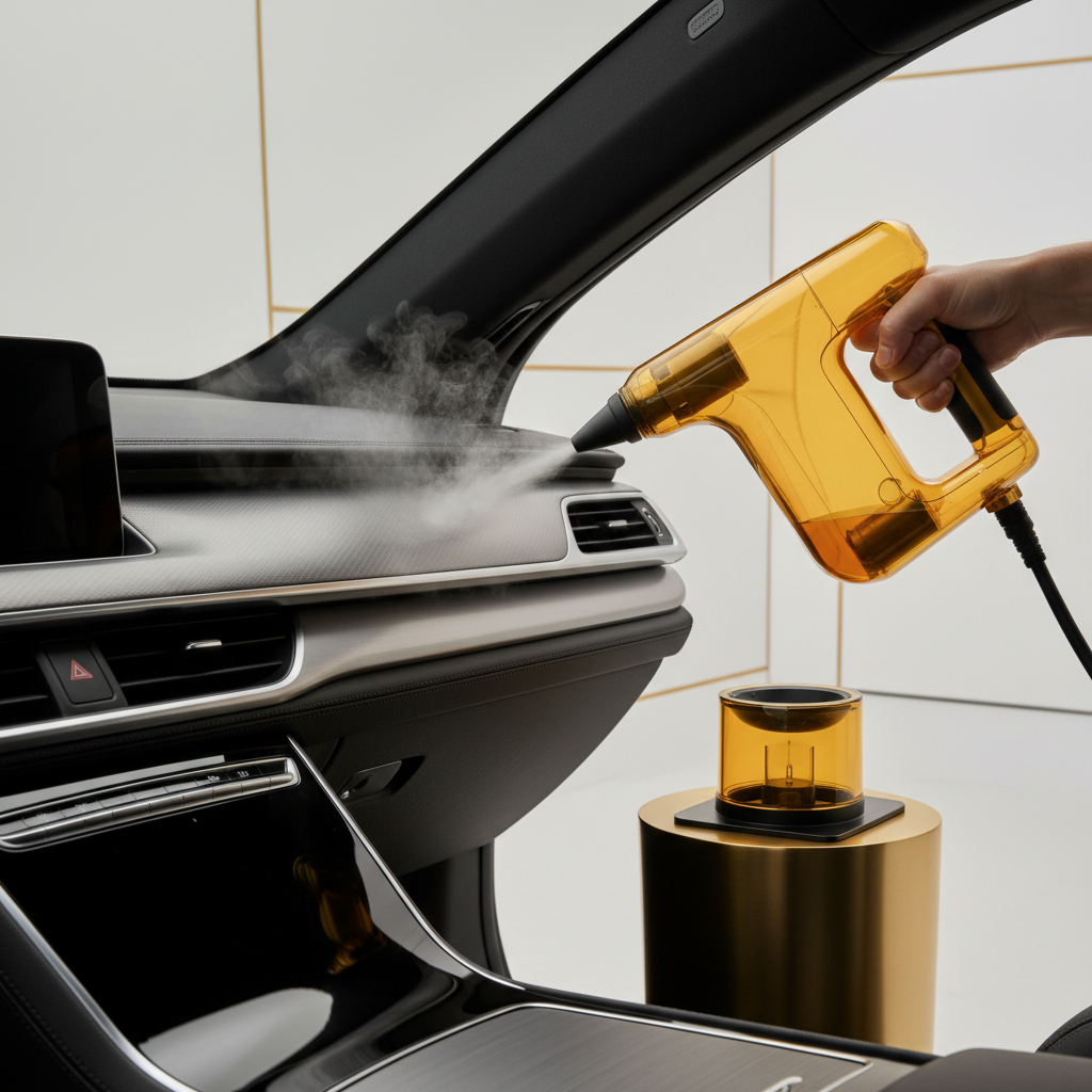 Handheld color-changing car steam cleaner in use on a luxury car interior dashboard