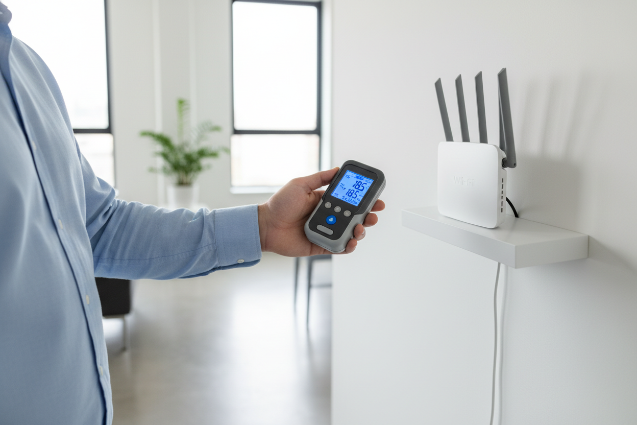 Person using FNIRSI ERD-10 EMF radiation detector near a Wi-Fi router in a modern home - electromagnetic radiation safety guide