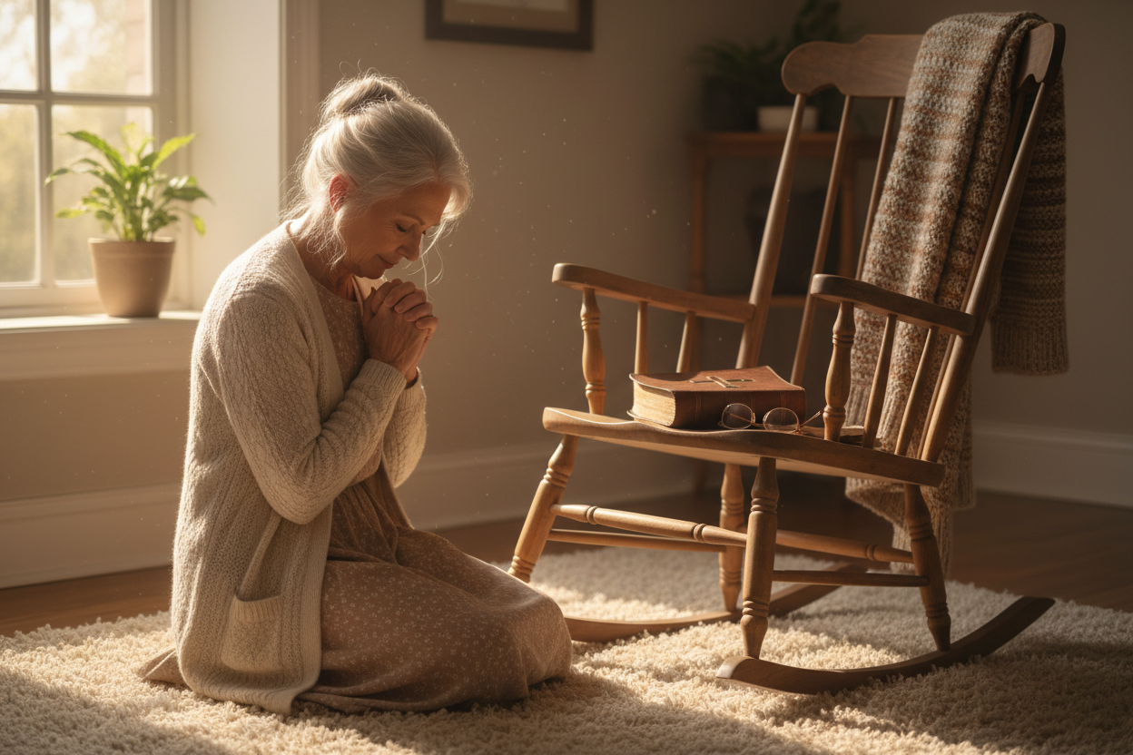 Elderly grandmother kneeling in prayer before a rocking chair with soft morning light and an open Bible