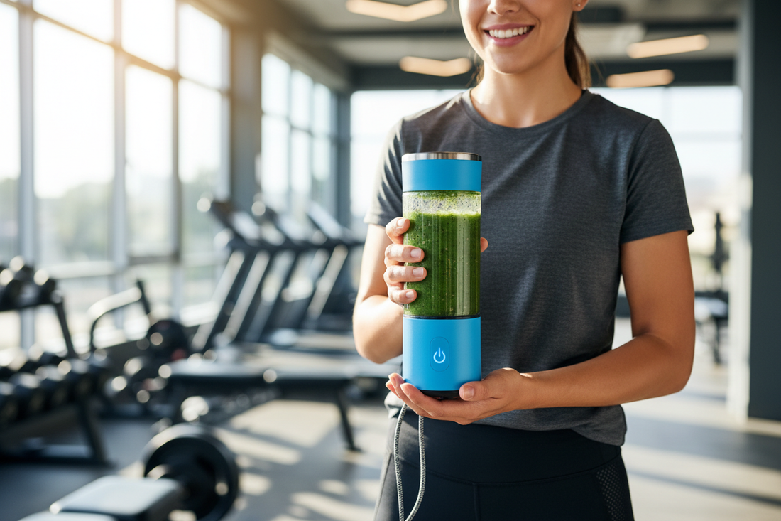 Person holding a blue portable USB rechargeable blender with a green smoothie at the gym