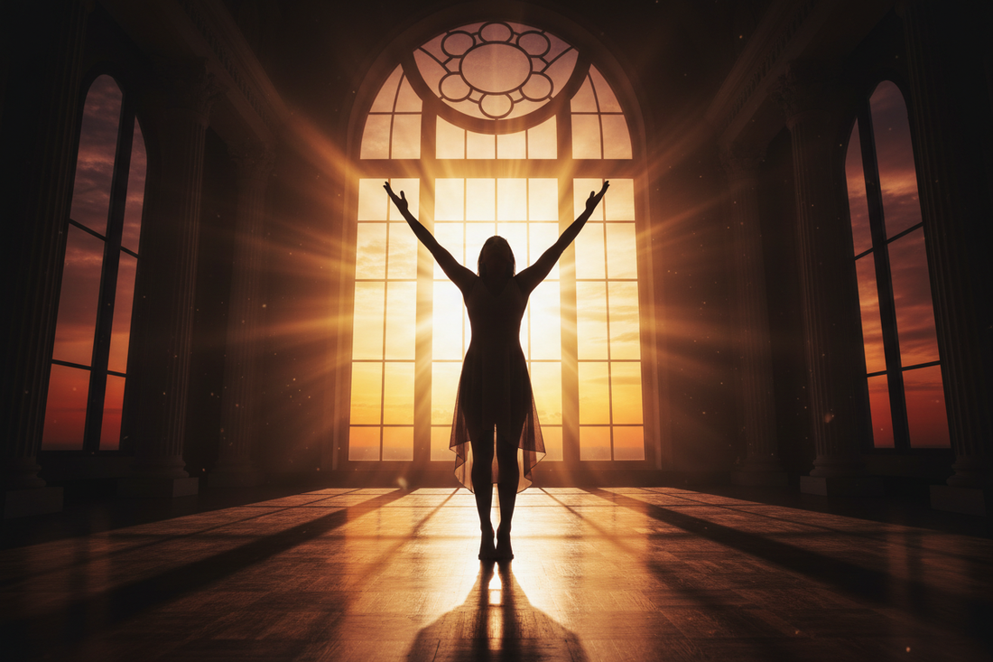 Woman silhouetted at a sunrise window with arms raised in worship and prayer, golden light streaming through