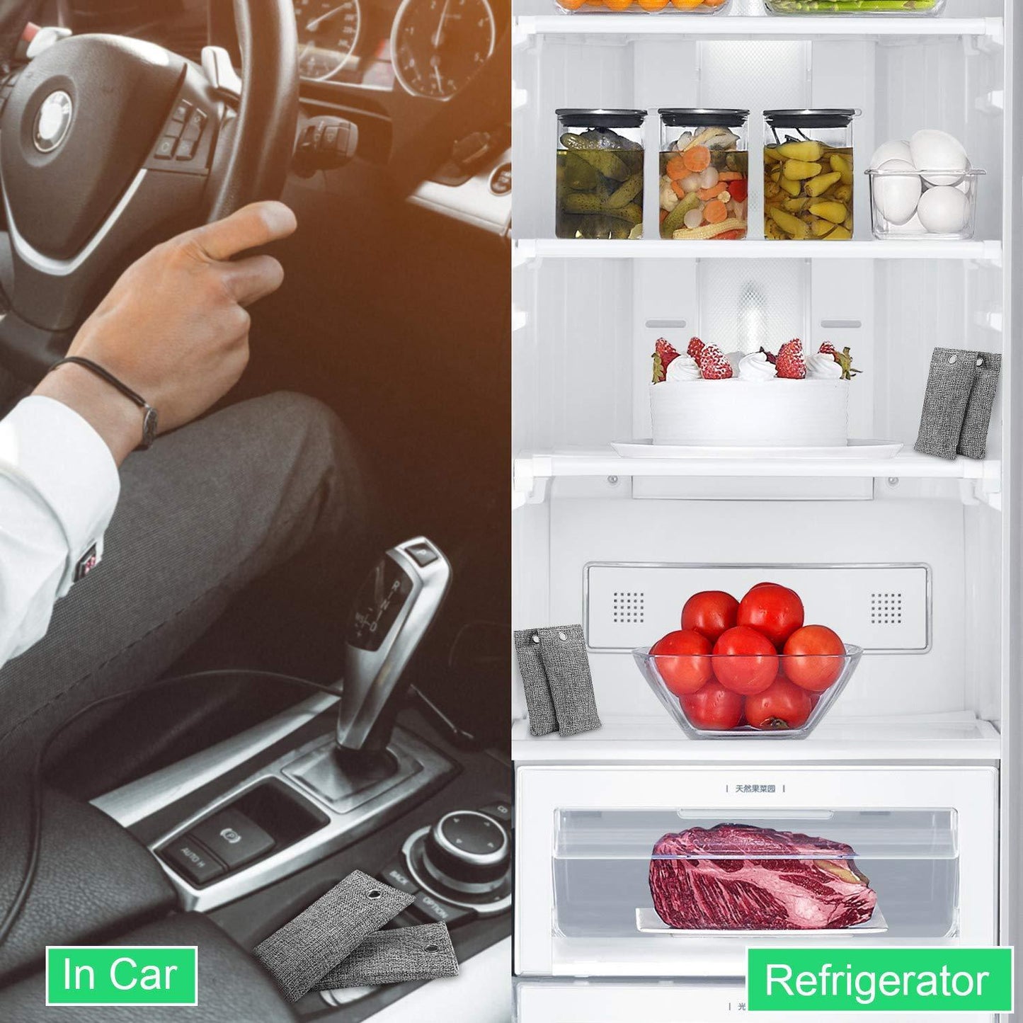 Grey fabric bamboo charcoal air purifying bags shown in a car interior and inside a refrigerator with food items.