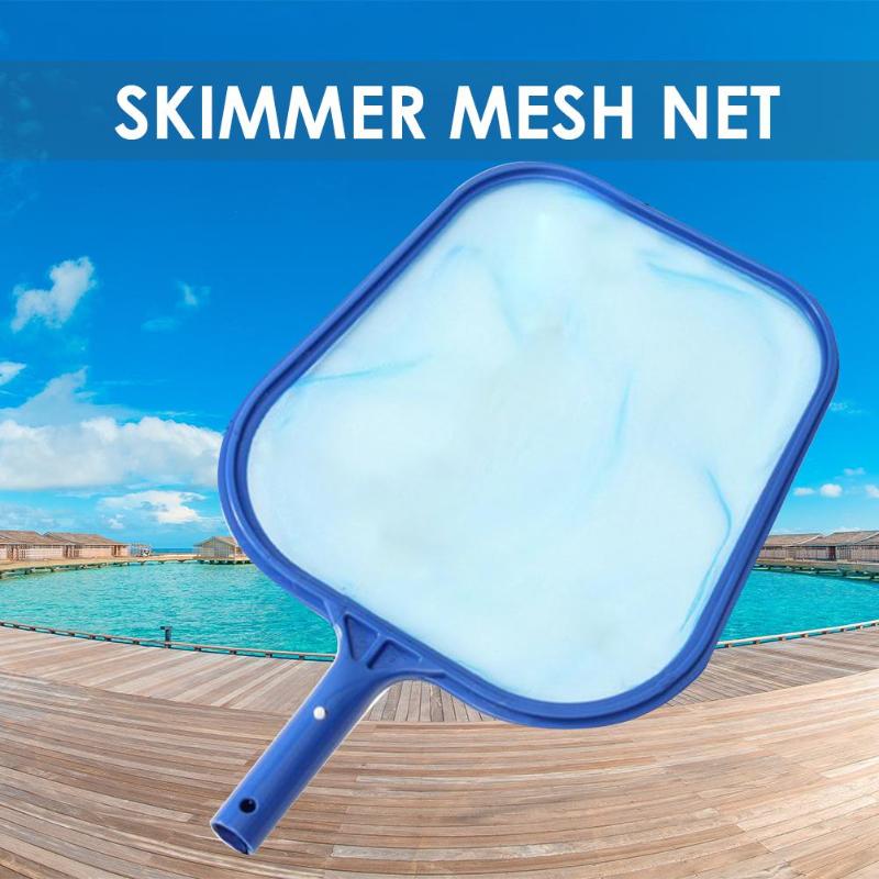Blue pool leaf skimmer net with fine mesh, set against a background of a tropical water walkway.