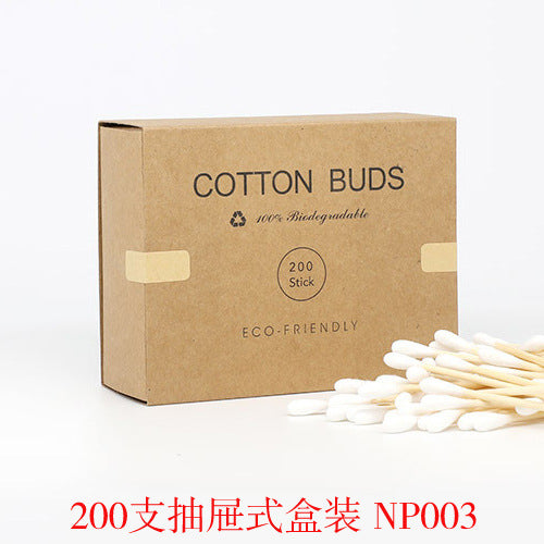 A brown cardboard box of 200 bamboo cotton buds with white cotton tips on a plain white background.