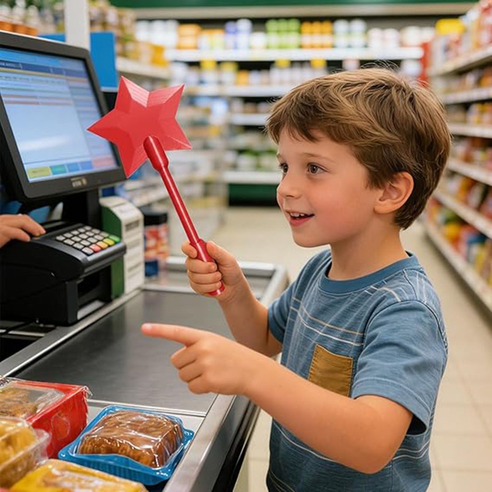 Young boy at a grocery checkout holding a bright red star-shaped Magic Tap payment wand towards a card reader.