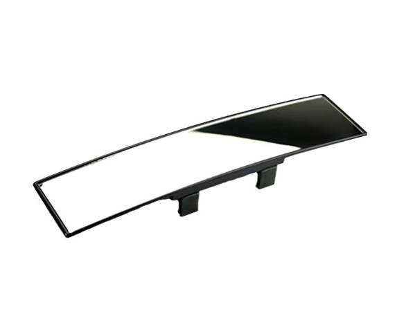 Panoramic car rearview mirror with a slim, black rectangular frame and two mounting clips, isolated on white.