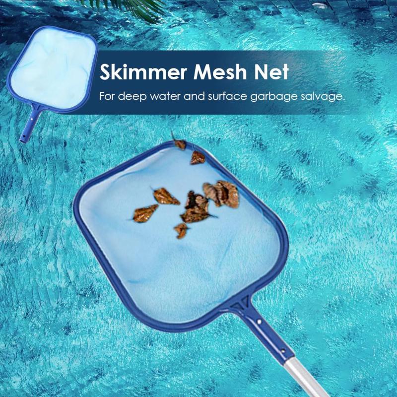 Blue swimming pool leaf skimmer net with fine mesh, shown collecting leaves over clear pool water.