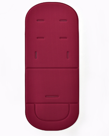 Deep red, rectangular universal cotton stroller cushion with integrated harness slots on a plain white background.