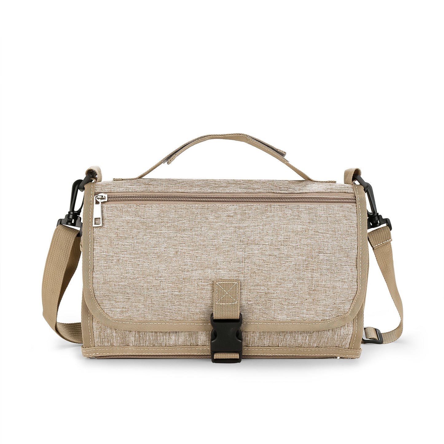 Beige, heathered fabric portable baby changing mat with a top handle, shoulder strap, zipper pocket, and buckle closure.