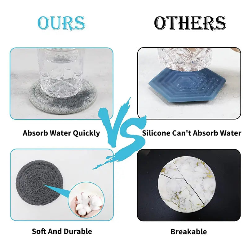 Comparison chart showing grey woven cotton coasters absorbing water versus non-absorbent silicone and breakable stone.