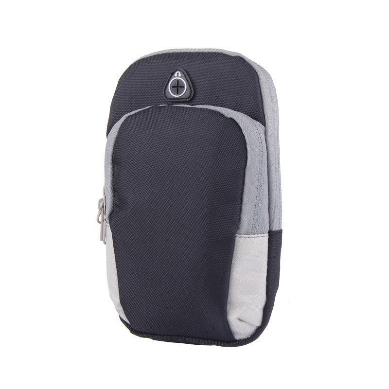 Black and grey zippered outdoor arm pouch with a headphone cable port, featuring a sleek, athletic design.