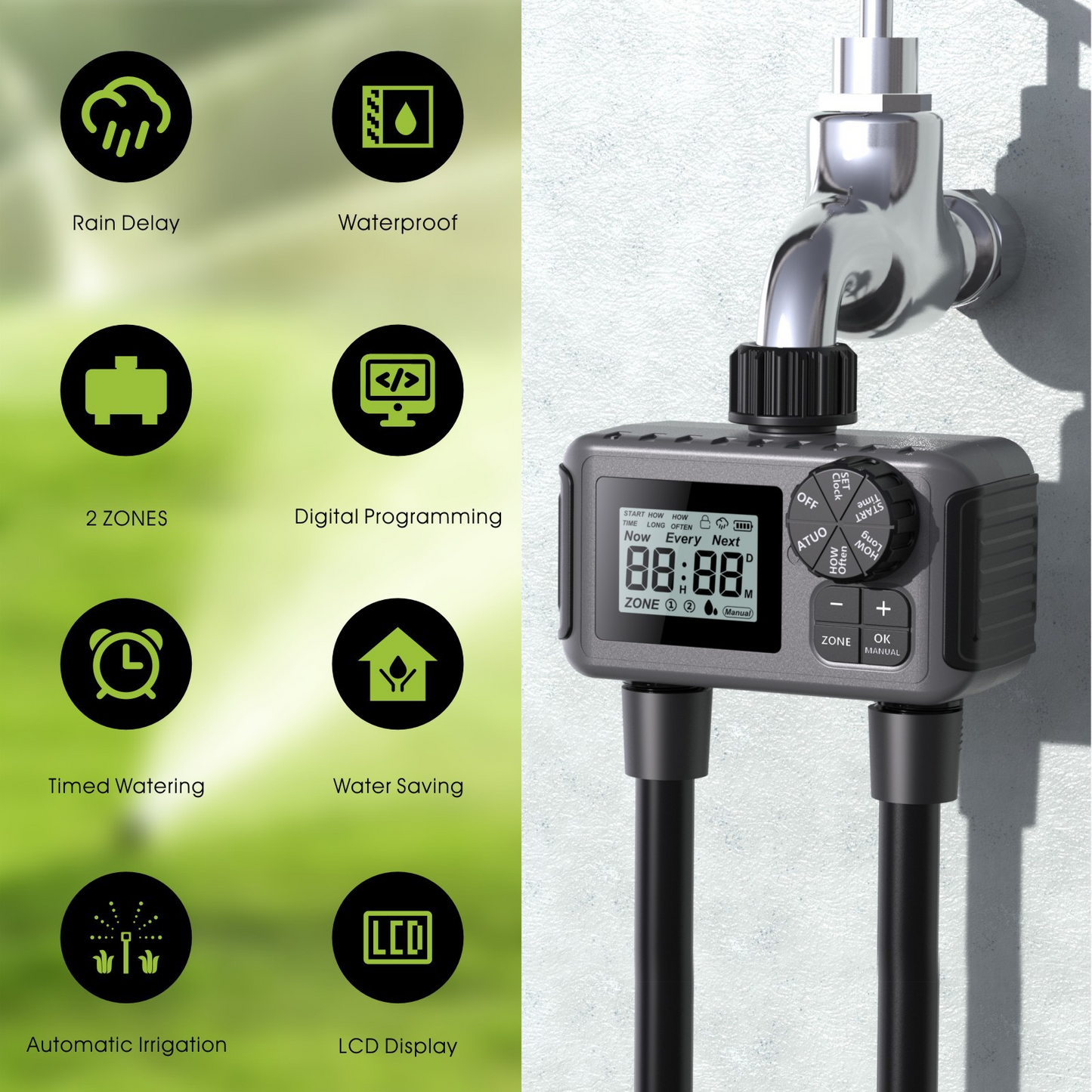 Dark gray dual-channel garden timer with LCD display and dial, attached to an outdoor faucet, showing feature icons.