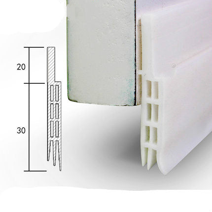 White silicone door insulation strip with a three-fin design, shown attached to a door with a technical measurement guide.