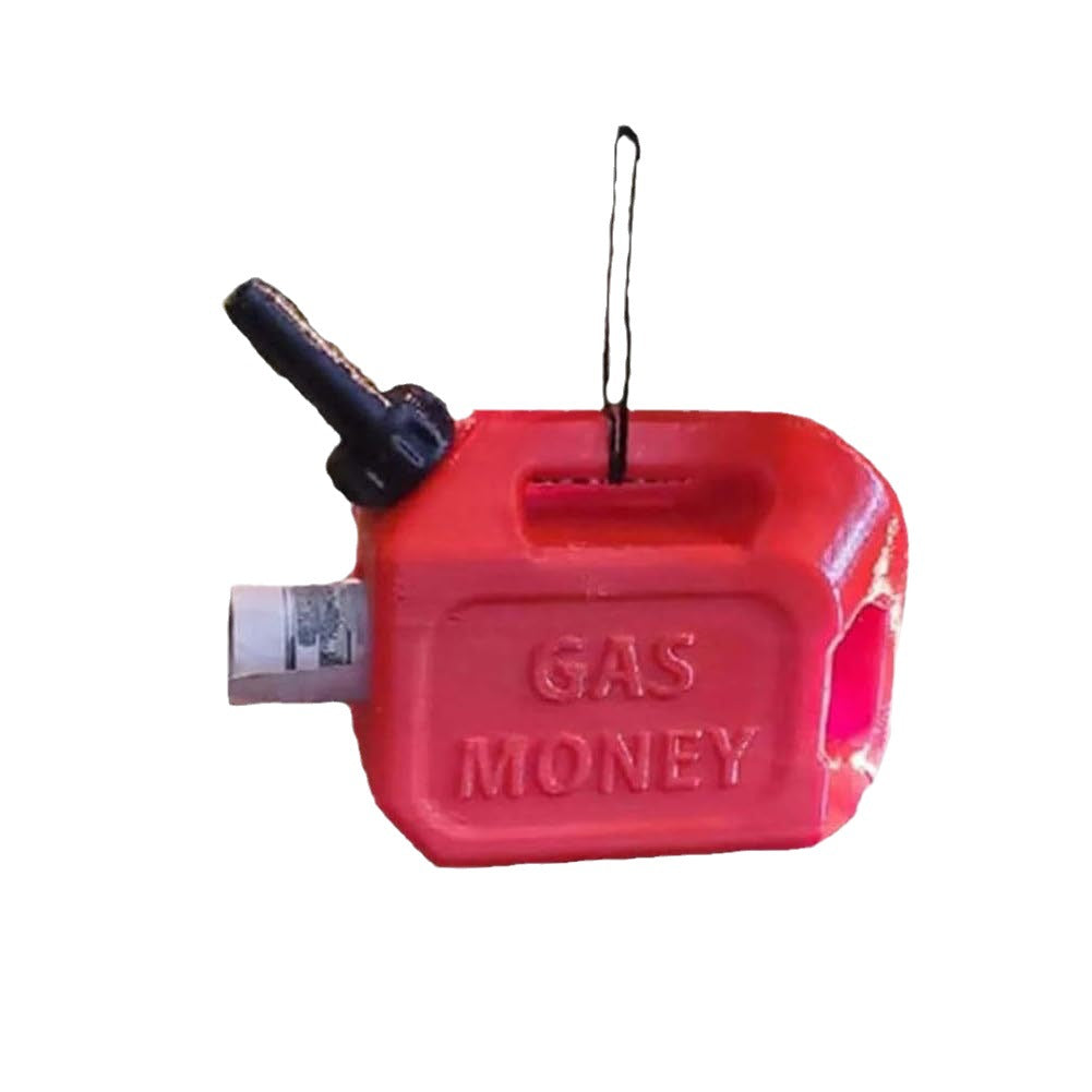 Red miniature fuel can ornament with a black nozzle and the text "GAS MONEY" embossed on the side.