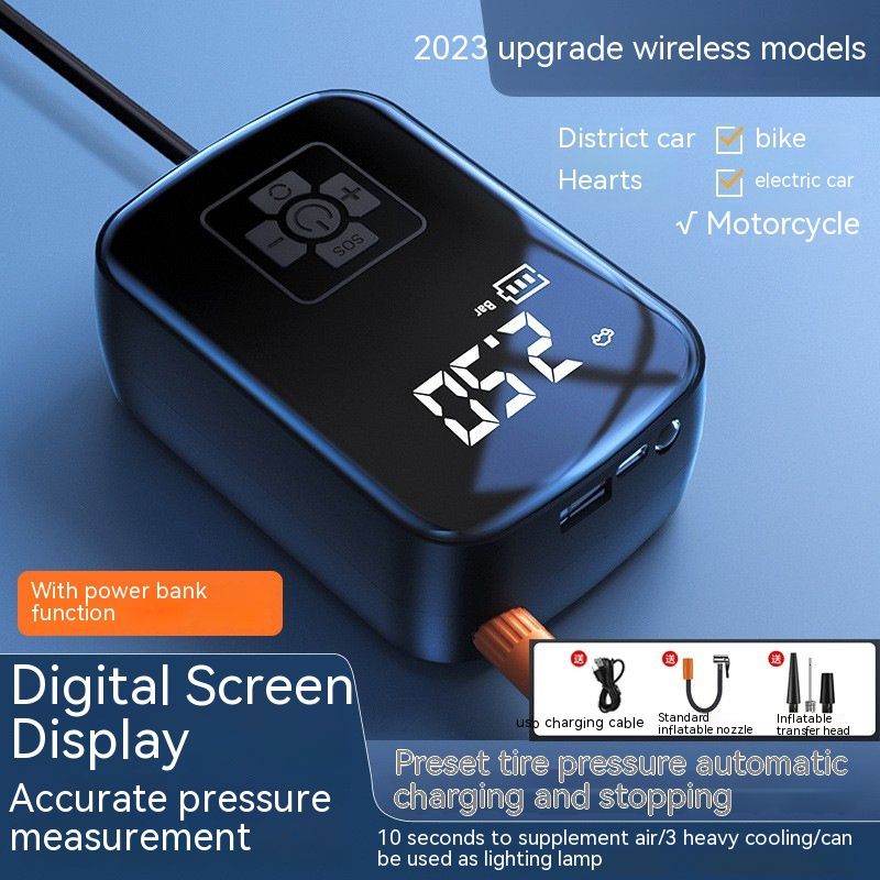 Portable black Auto AirGo digital tire inflator with LED screen, control buttons, and power bank functionality.