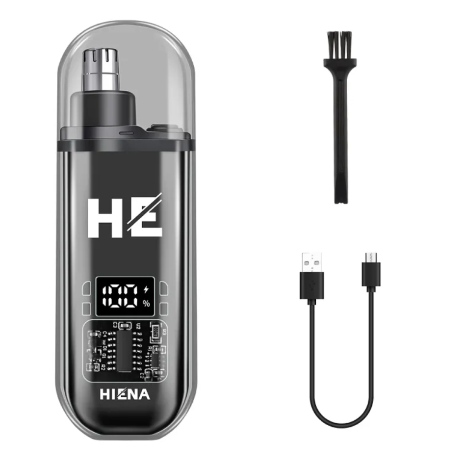Compact grey electric nose trimmer with digital display, cleaning brush, and USB charging cable.