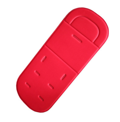 Bright red rectangular baby stroller cushion with harness slots, shown against a plain white background.