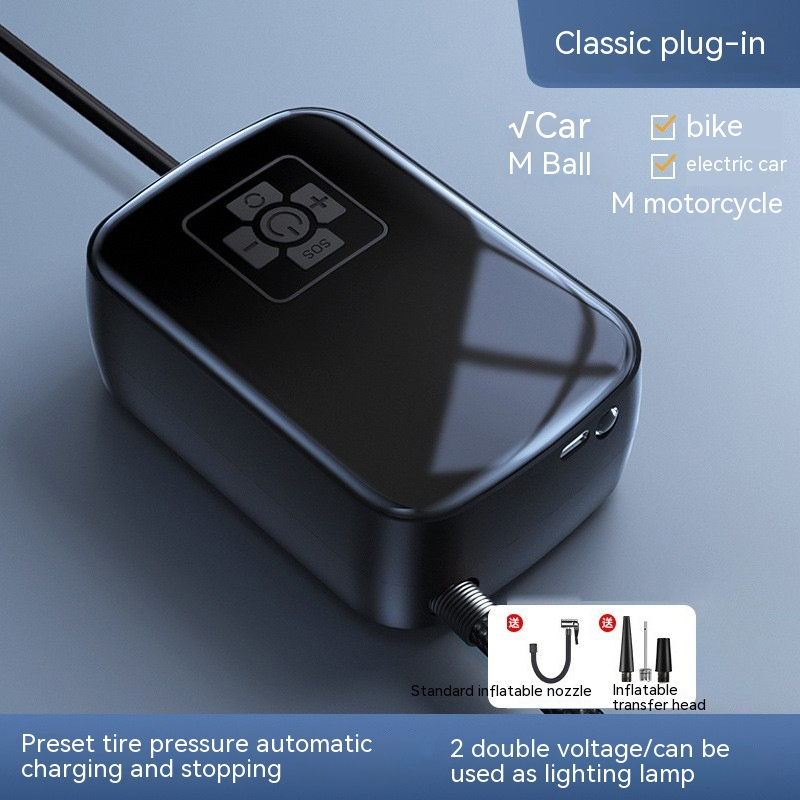 Black portable Auto AirGo inflator with digital controls, power cord, and various nozzle attachments on a blue surface.