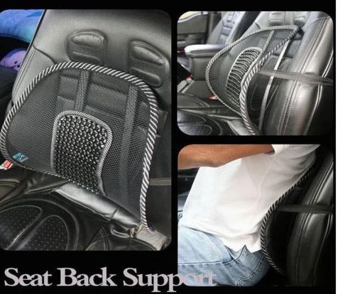 Black ergonomic mesh car back support cushion with a central massage node, attached to a vehicle seat.