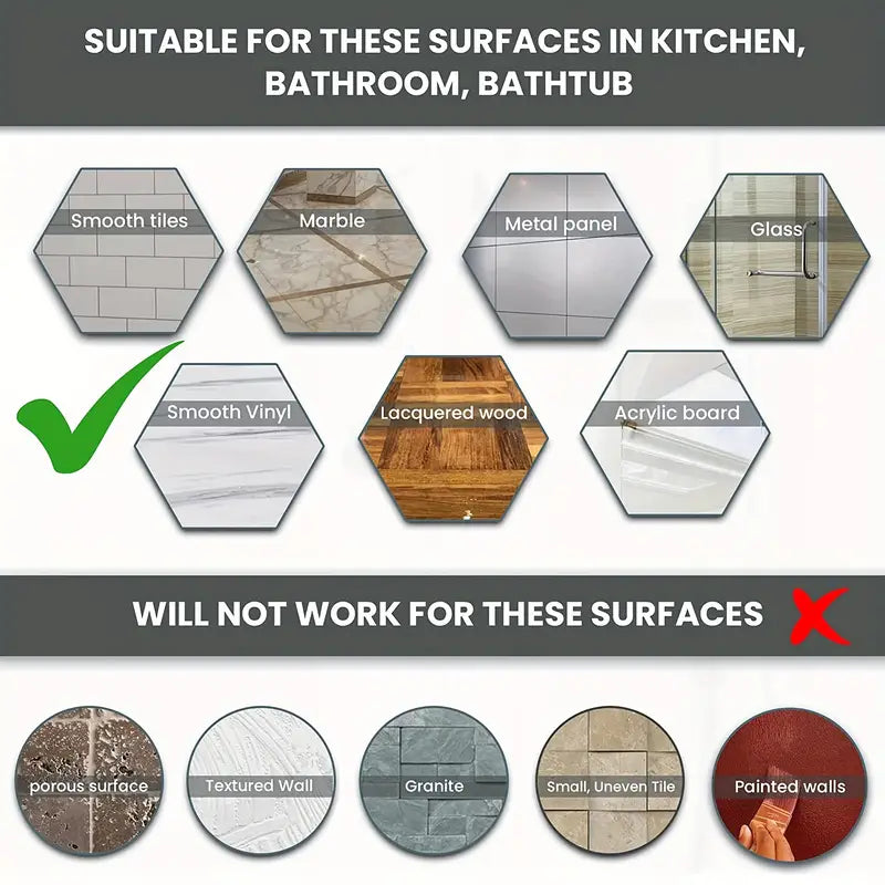 Infographic showing compatible surfaces (tiles, glass, marble) and incompatible surfaces for safety grip bars.