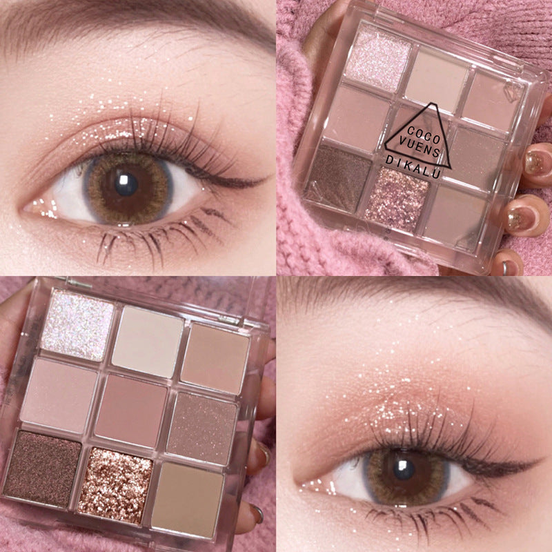 DIKALU 9-color eyeshadow palette with matte and shimmer neutral browns and pinks, shown with a soft glam eye look.
