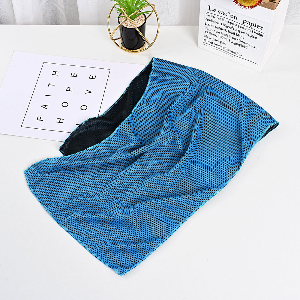Blue and black cooling activity towel with a breathable mesh texture, displayed on a white surface.