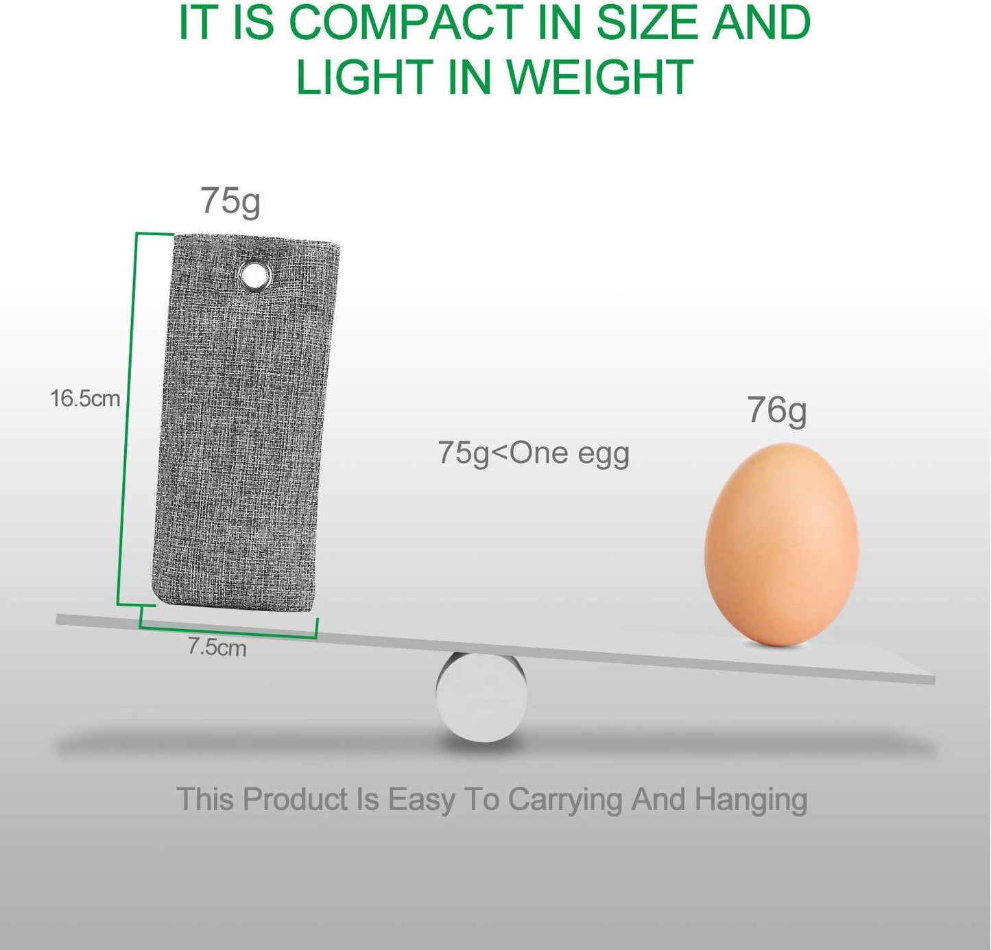 Grey bamboo charcoal air purifier bag with a metal grommet, shown on a scale compared to an egg for weight context.