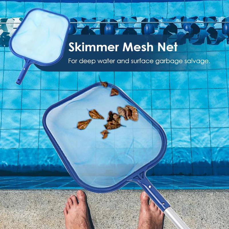Blue pool leaf skimmer net with fine mesh, shown collecting debris over a tiled swimming pool background.