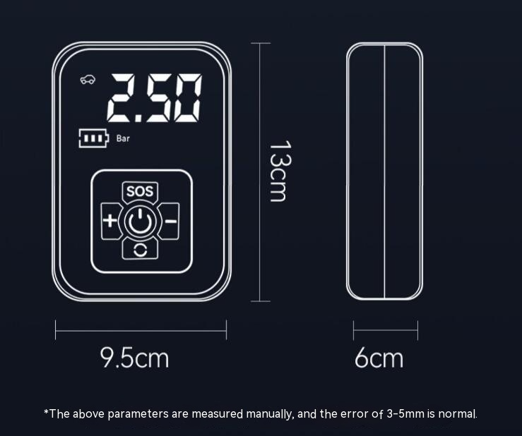 Auto AirGo portable inflator: a black, line-art diagram showing dimensions (13cm x 9.5cm x 6cm) and digital controls.
