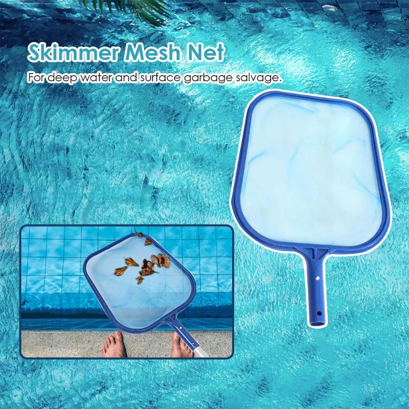 Blue pool leaf skimmer net with fine white mesh, shown in use on a pool deck collecting leaves from the water.