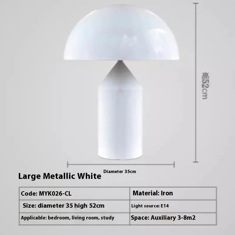 Minimalist white iron mushroom-shaped desk lamp with a 35cm diameter and 52cm height, isolated on a light gray background.