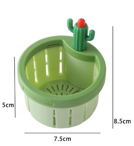 Green plastic sink strainer with a decorative cactus handle and dimensional measurement labels on a white background.