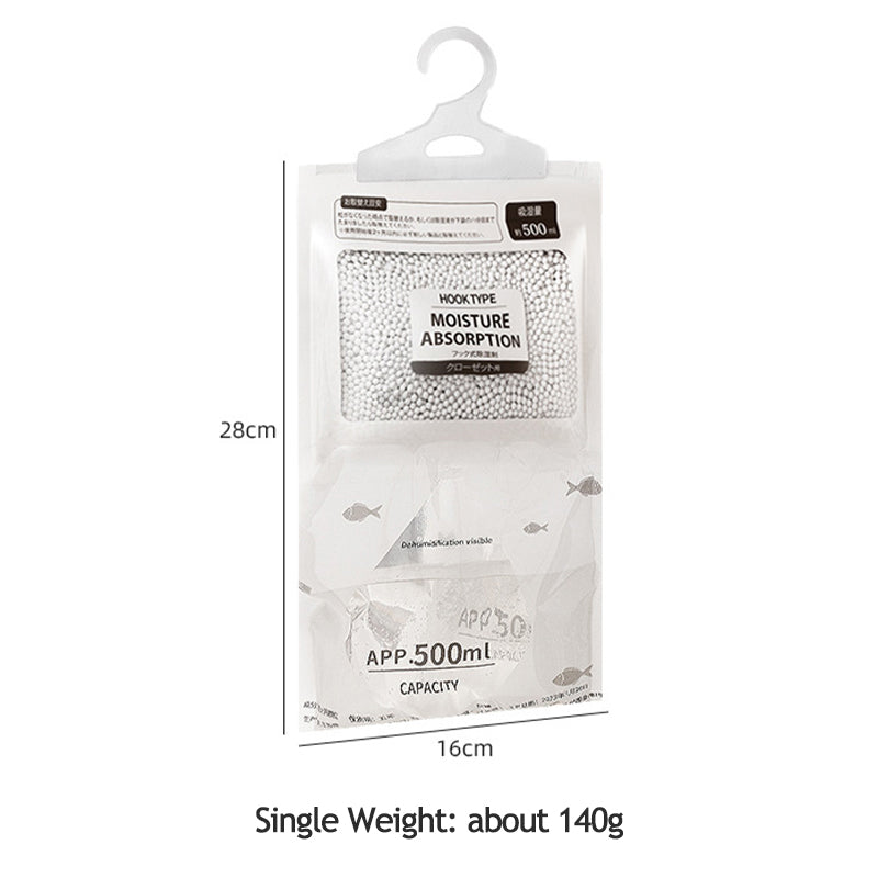 Closet Fresh hanging dehumidifier bag with white absorbent beads, Japanese text, and fish icons, 28cm tall.