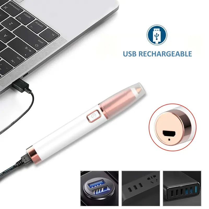 SmoothBrow white and rose gold USB-rechargeable electric eyebrow hair remover plugged into a laptop.