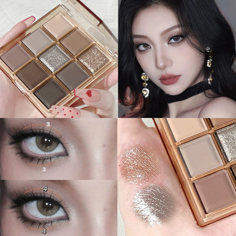 DIKALU 9-color neutral eyeshadow palette featuring matte, shimmer, and glitter shades, shown with swatches and application.
