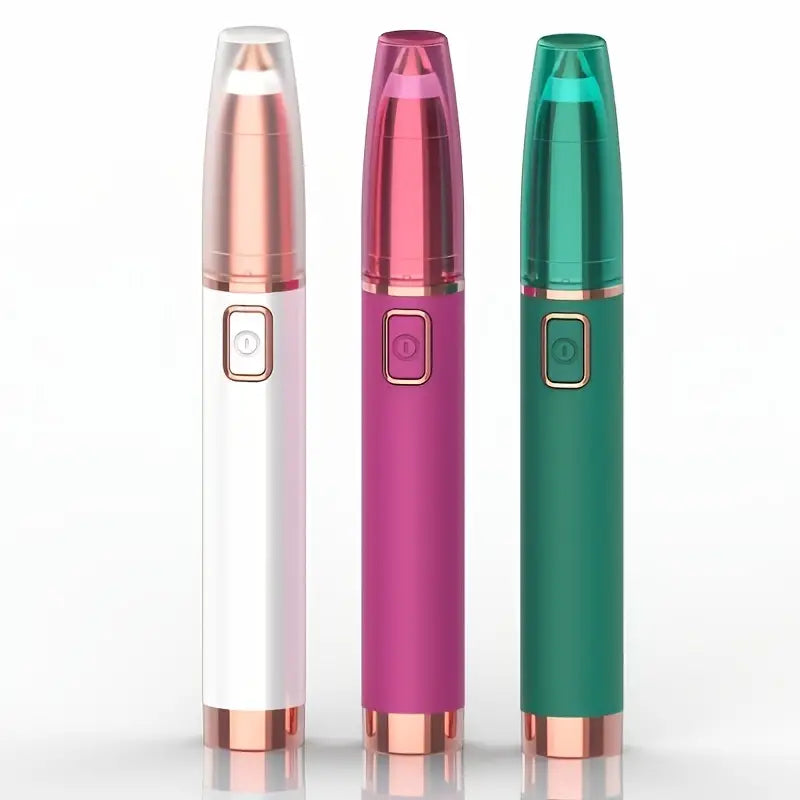 Three SmoothBrow rechargeable hair removers in white, pink, and green, each with a translucent cap and rose gold base.