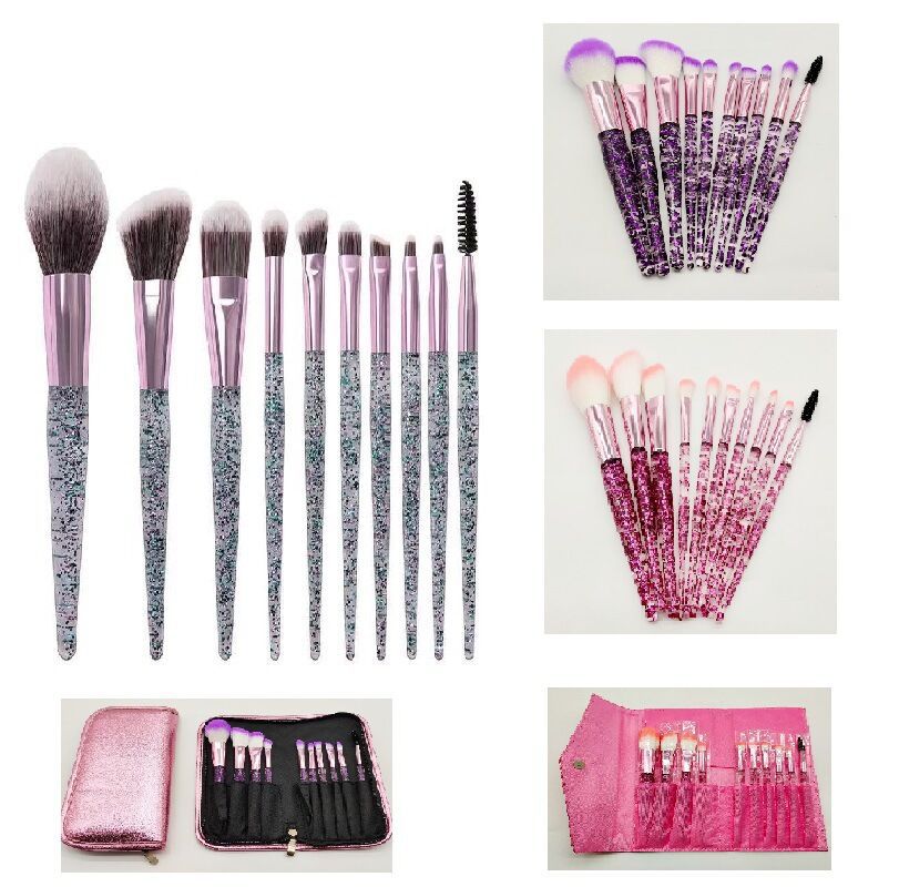 10-piece makeup brush set with glittery, multicolored handles and purple and pink bristles, including a carrying case.